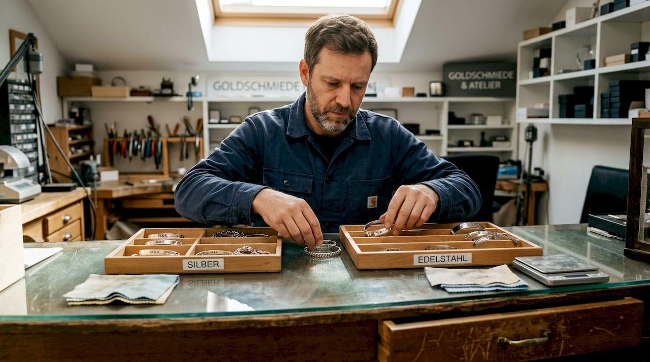 Ein Juwelier sortiert Armbänder aus Silber und Edelstahl.