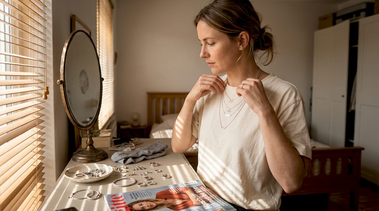 Eine Frau steht vor ihrer Kommode im Schlafzimmer und legt sich mehrere silberne Ketten um den Hals, um sie stilvoll miteinander zu kombinieren.