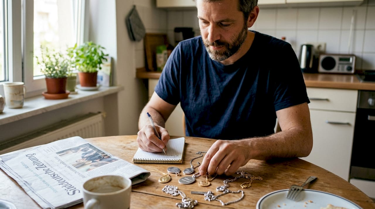 Ein Mann wählt Schmuckanhänger aus Silber und Gold aus.