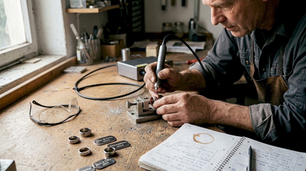 Ein Handwerker verleiht einem Ring in seiner Werkstatt eine individuelle Gravur.