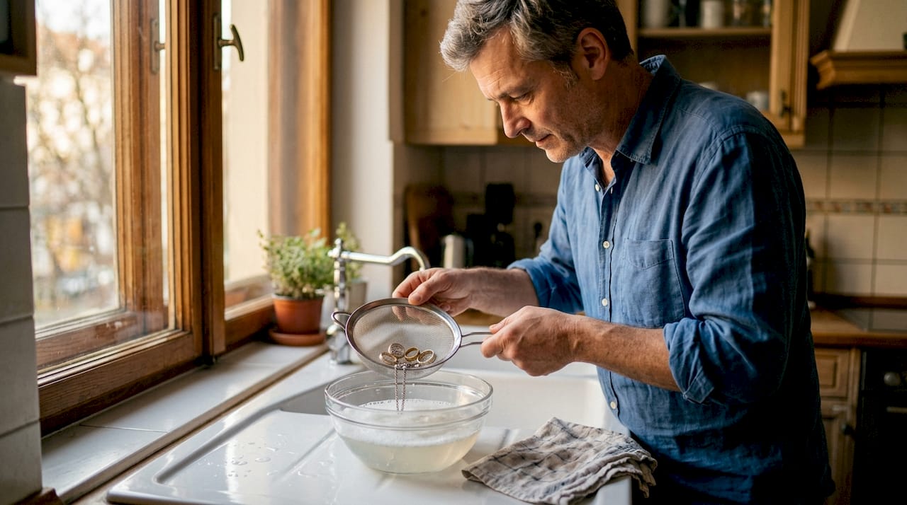 Ein Mann putzt seinen Silberschmuck am Spülbecken.