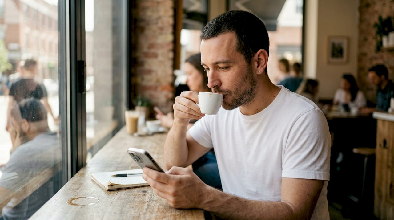 Mann mit dezentem Piercingschmuck sitzt entspannt im Café.