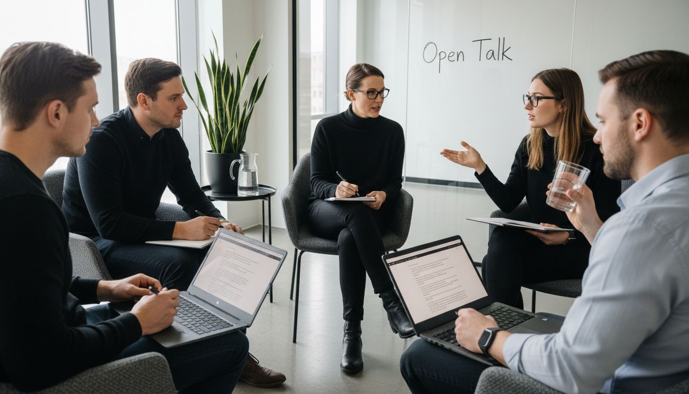 Team engaged in open, transparent group meeting