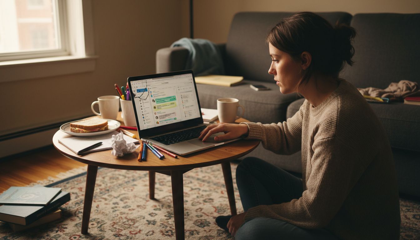 Woman managing digital tools at home