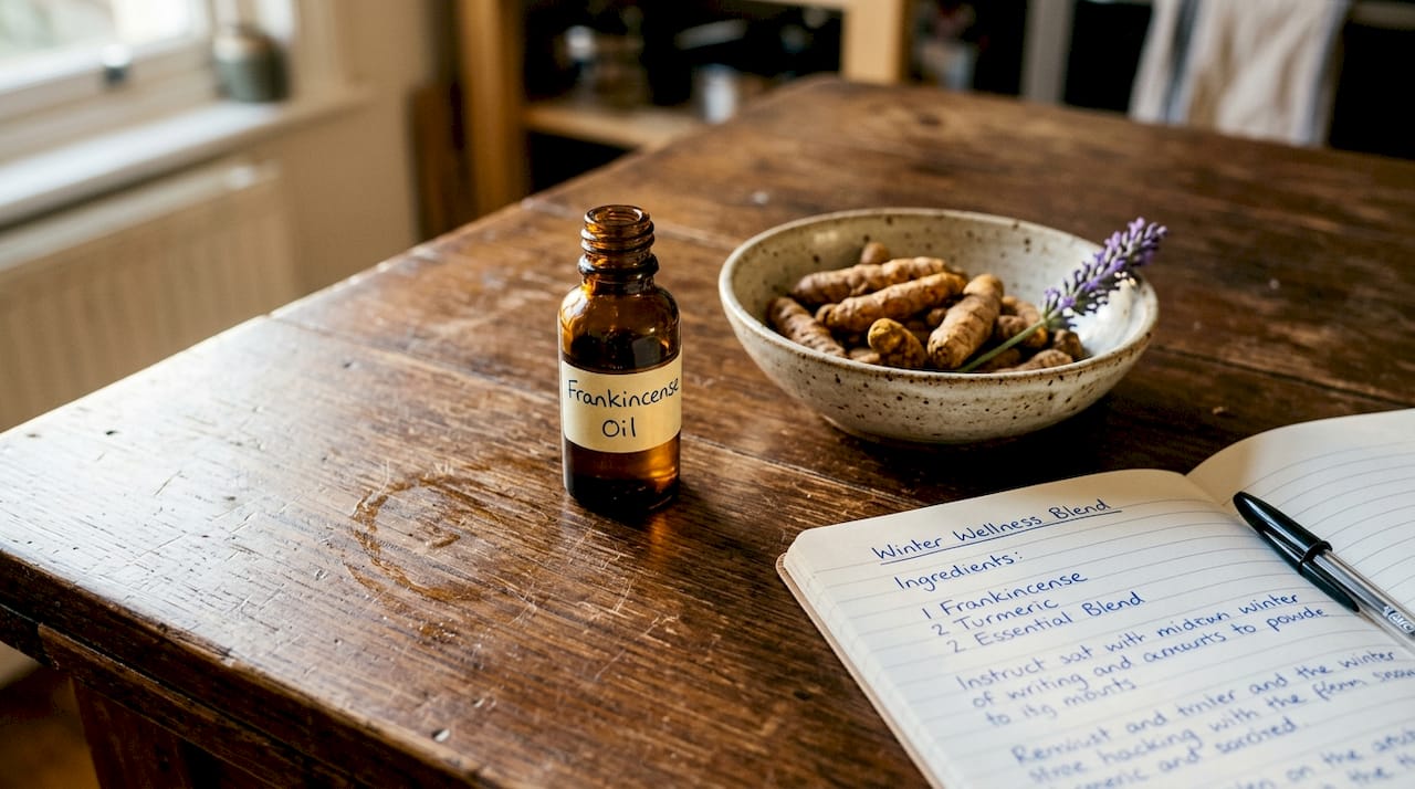 Frankincense oil bottle with herbs on table
