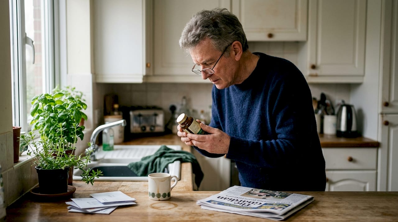 Man checking herbal supplement bottle in kitchen
