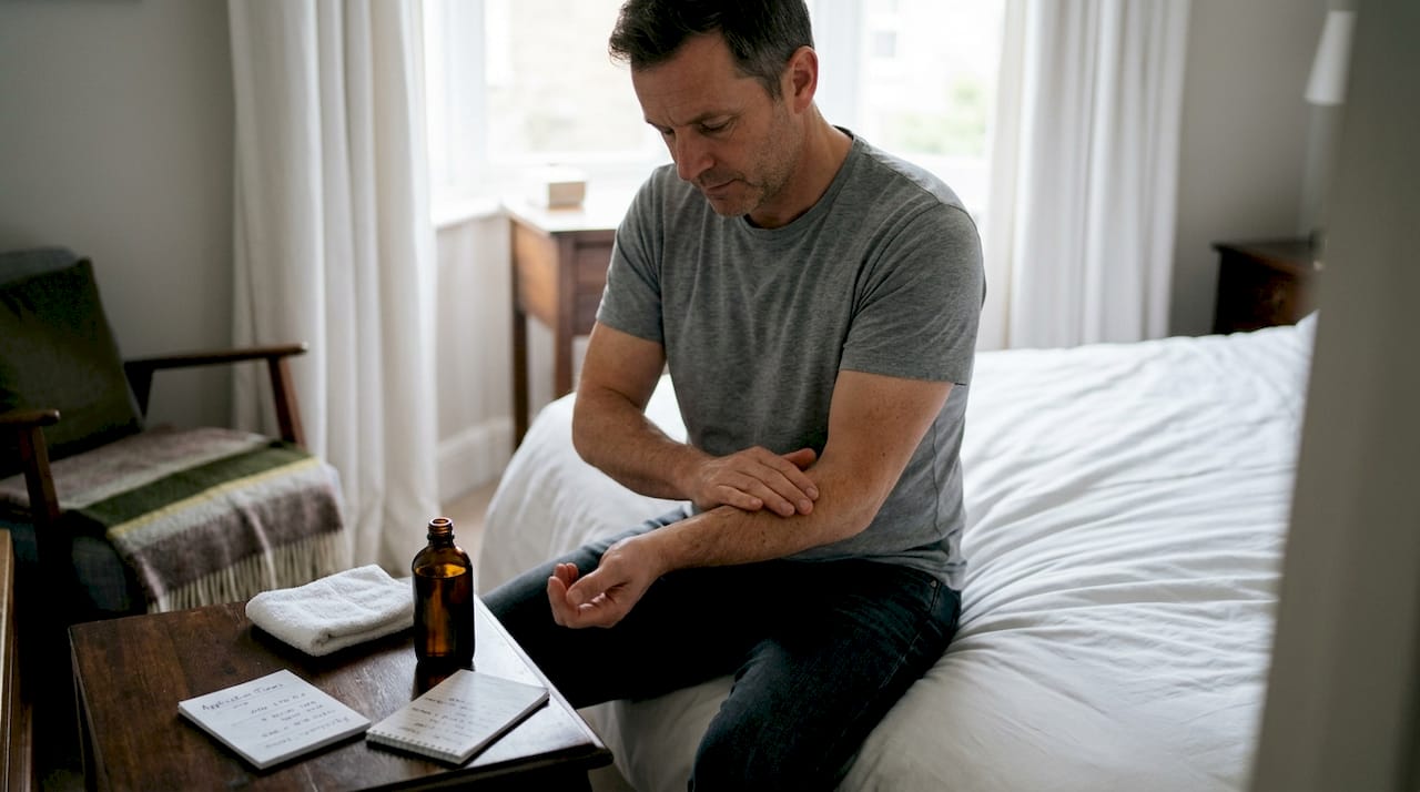 Man applying herbal oil to his forearm at home