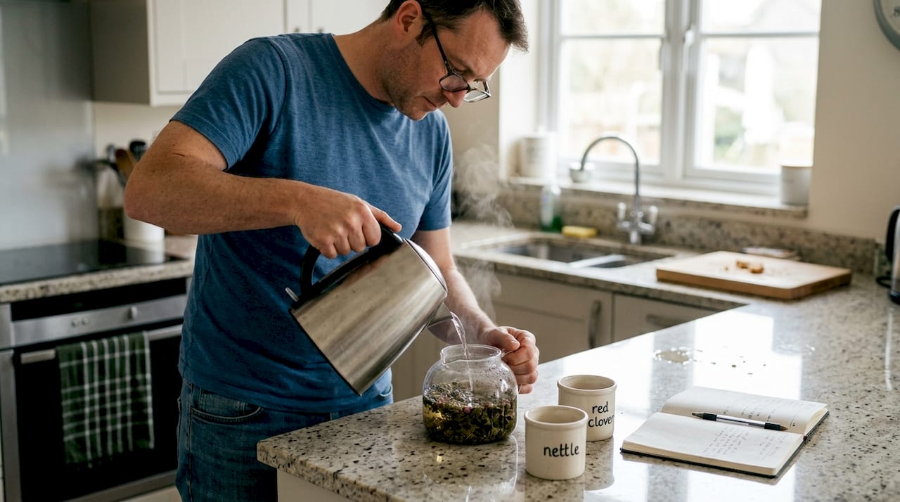 Man preparing herbal tea at kitchen counter