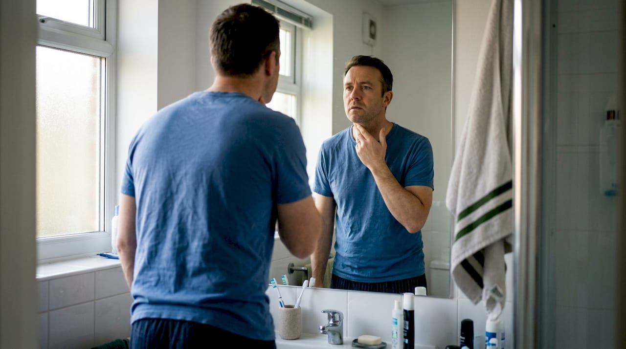 Man checking neck for swollen lymph nodes
