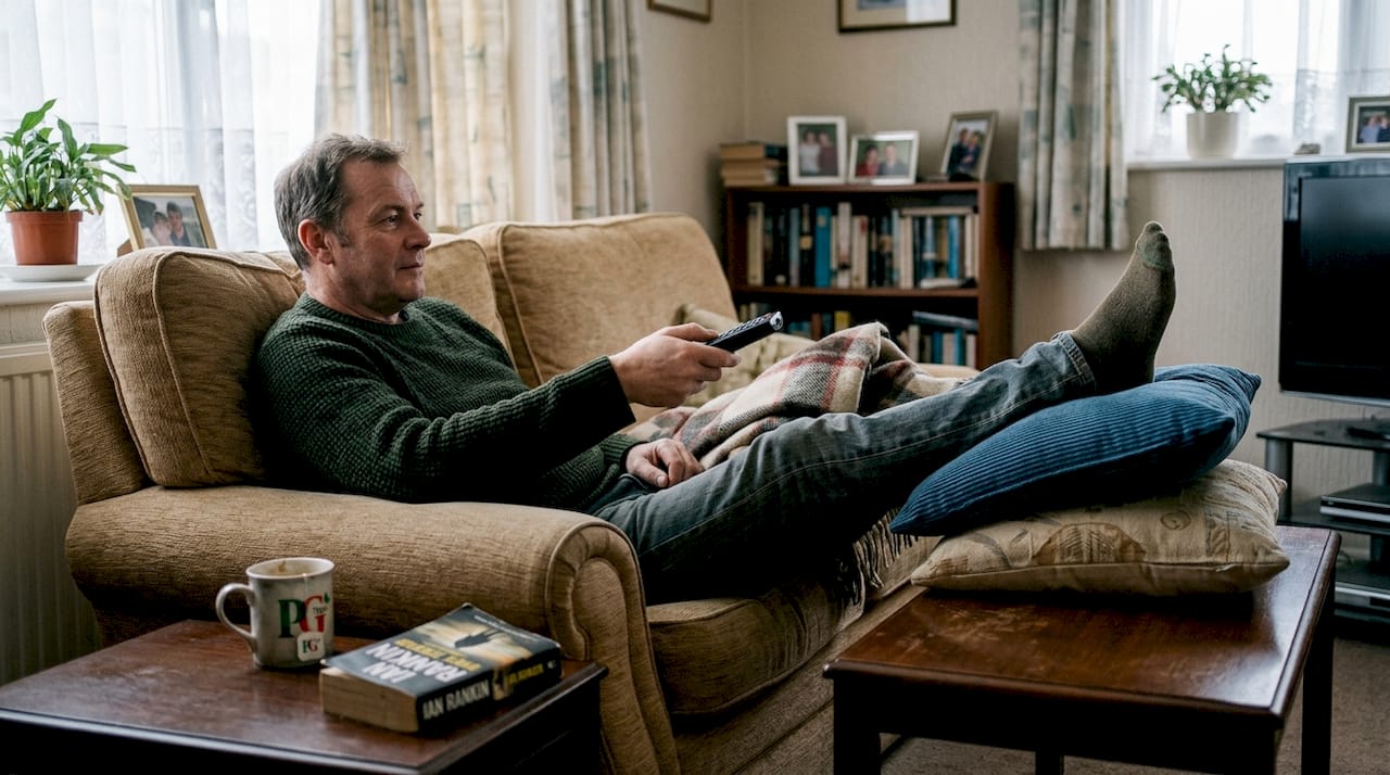 Man elevating leg on pillows in living room