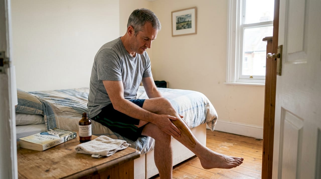 Man applying herbal oil on calf at home