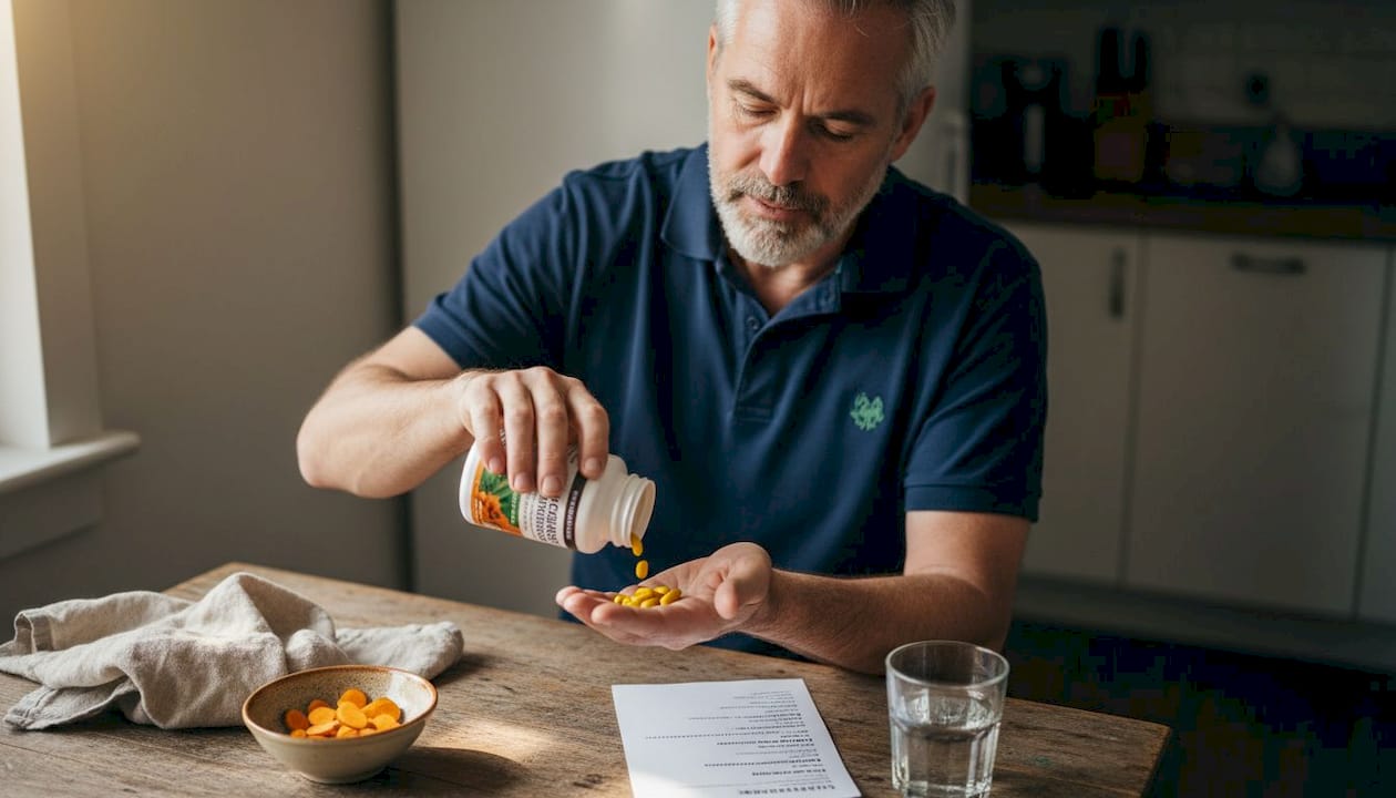 Man preparing turmeric supplement at kitchen table