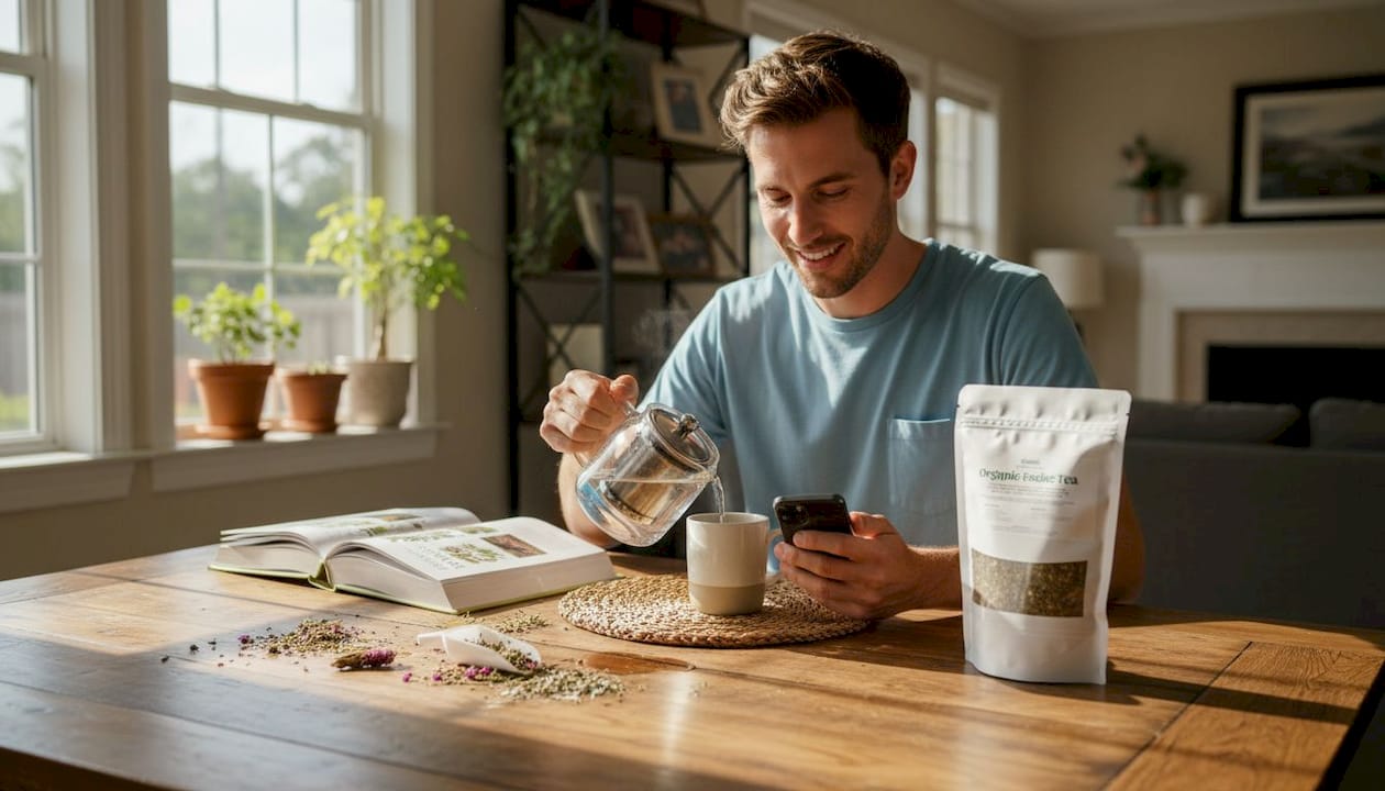 Man preparing herbal tea as daily habit