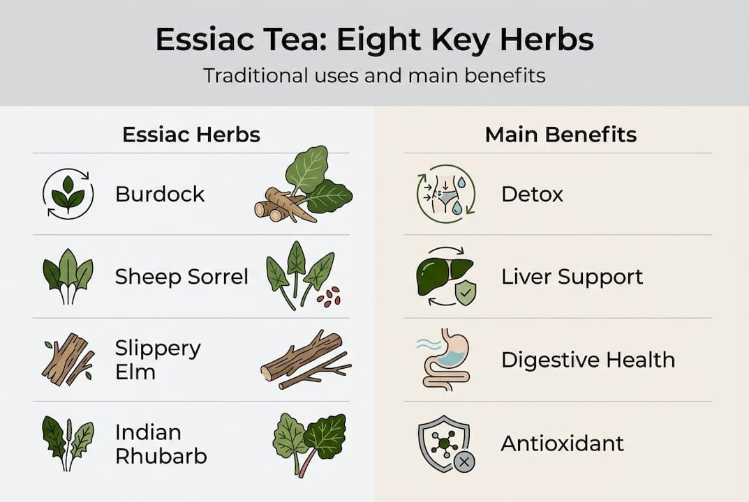 Infographic showing Essiac tea herbs and benefits