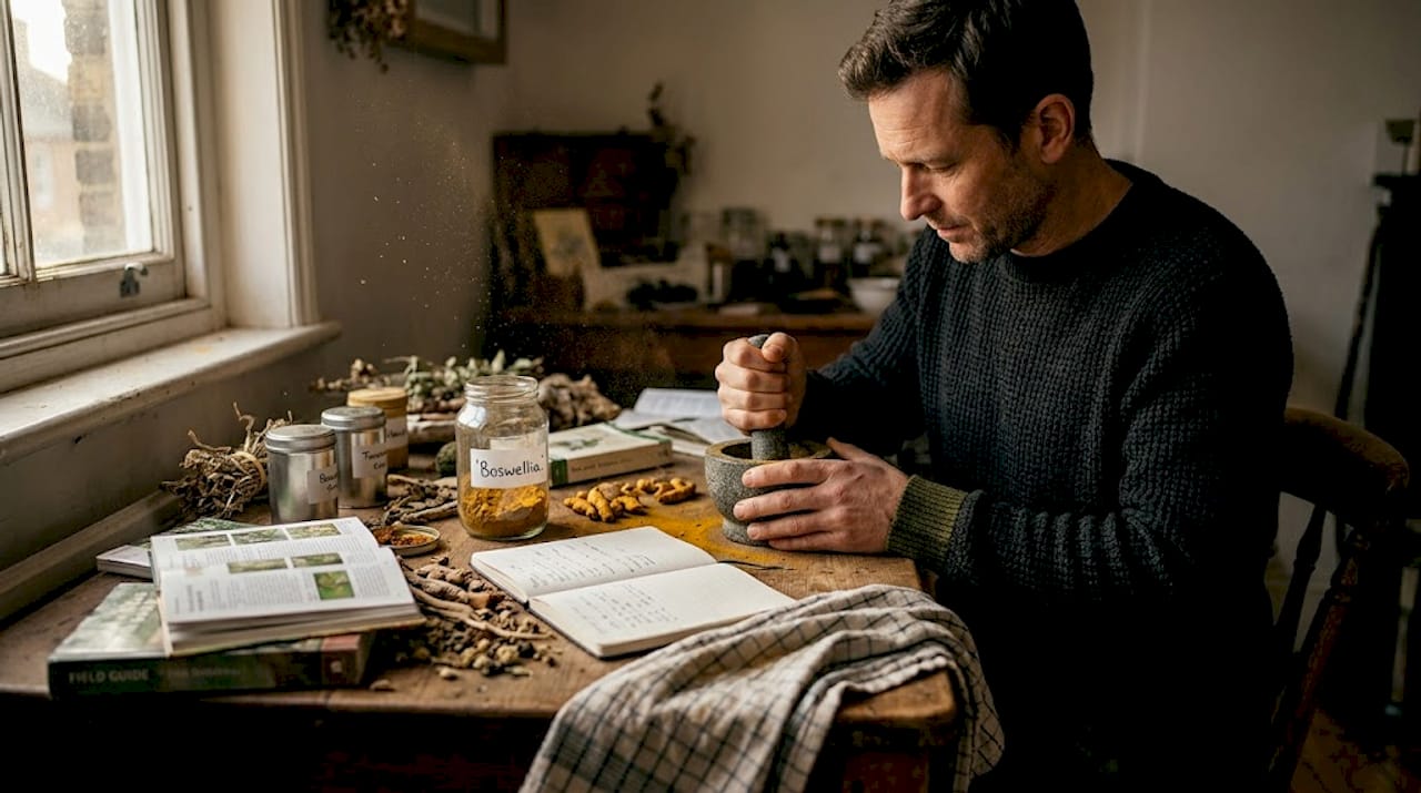 Herbalist grinding turmeric in studio workspace