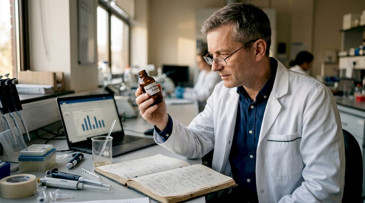 Scientist inspecting horse chestnut extract at lab