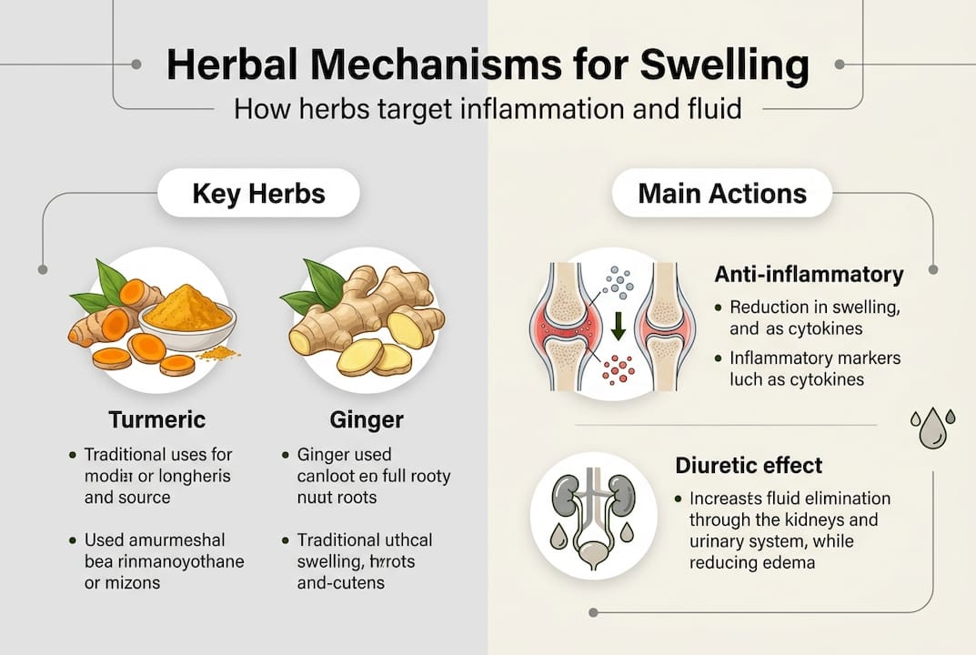 Infographic showing herbal swelling mechanisms and actions