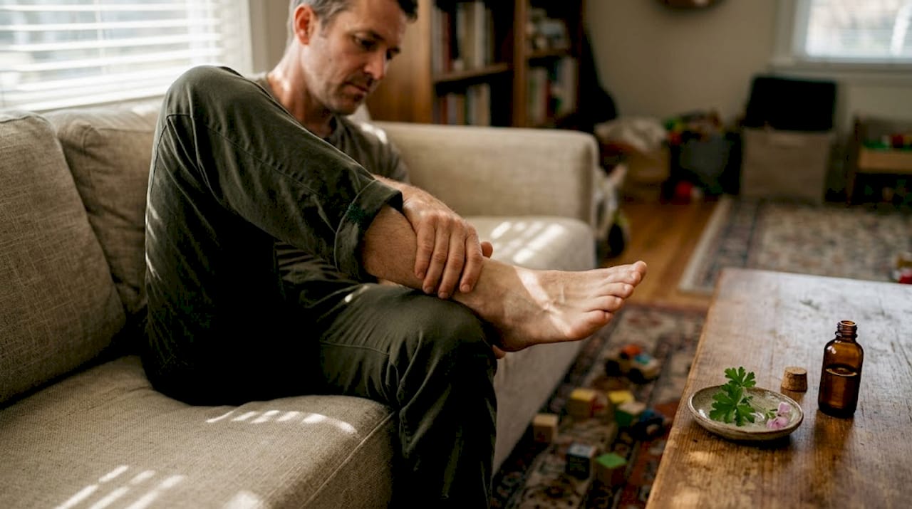 Hand massaging geranium oil into ankle