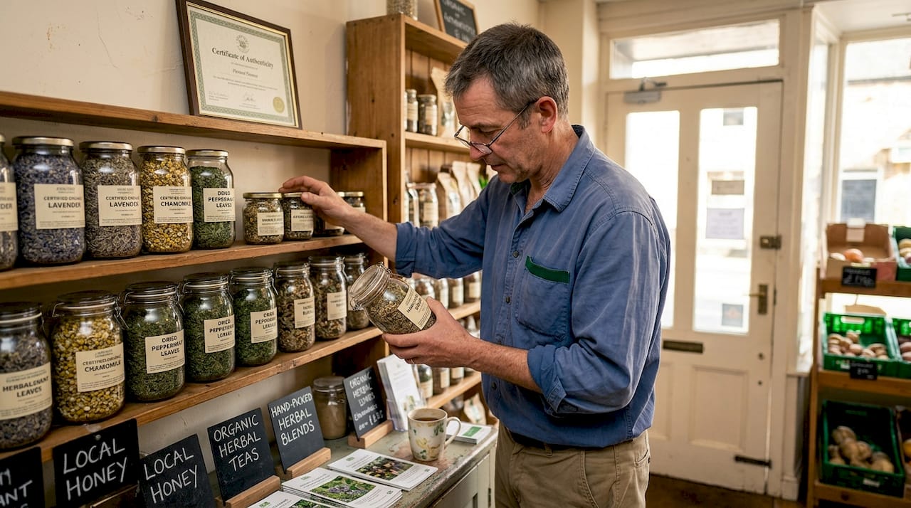 Shopkeeper arranging certified dried herbal jars
