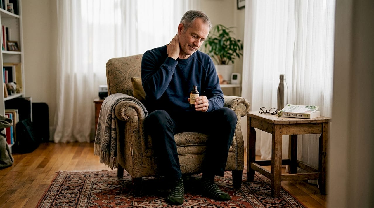 Man using herbal oil for lymphatic care