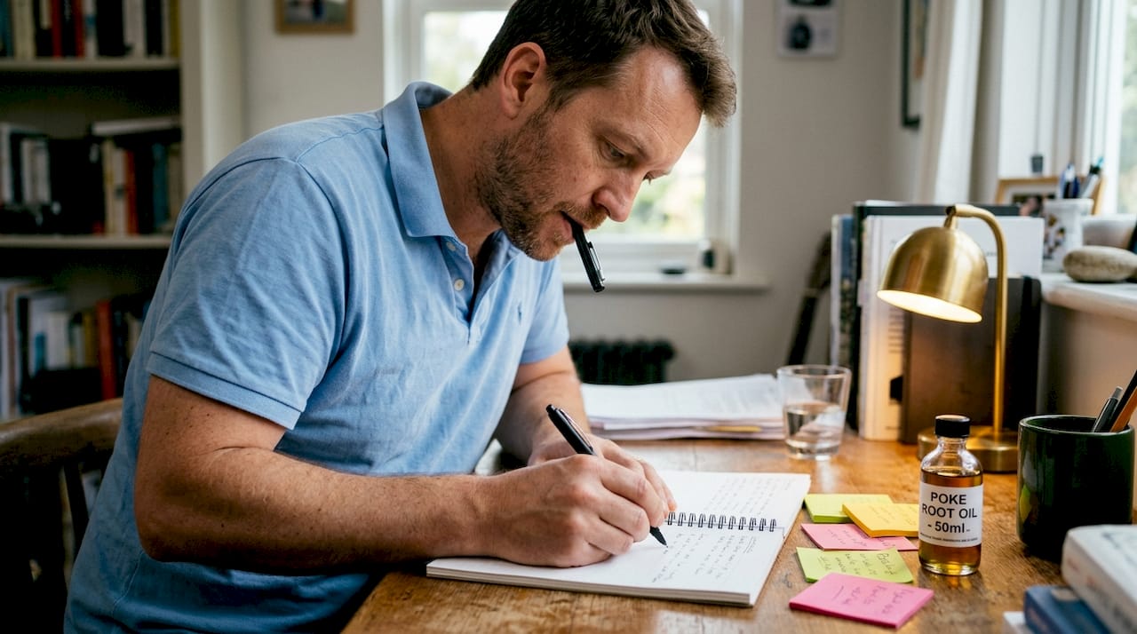 Man noting poke root oil application details