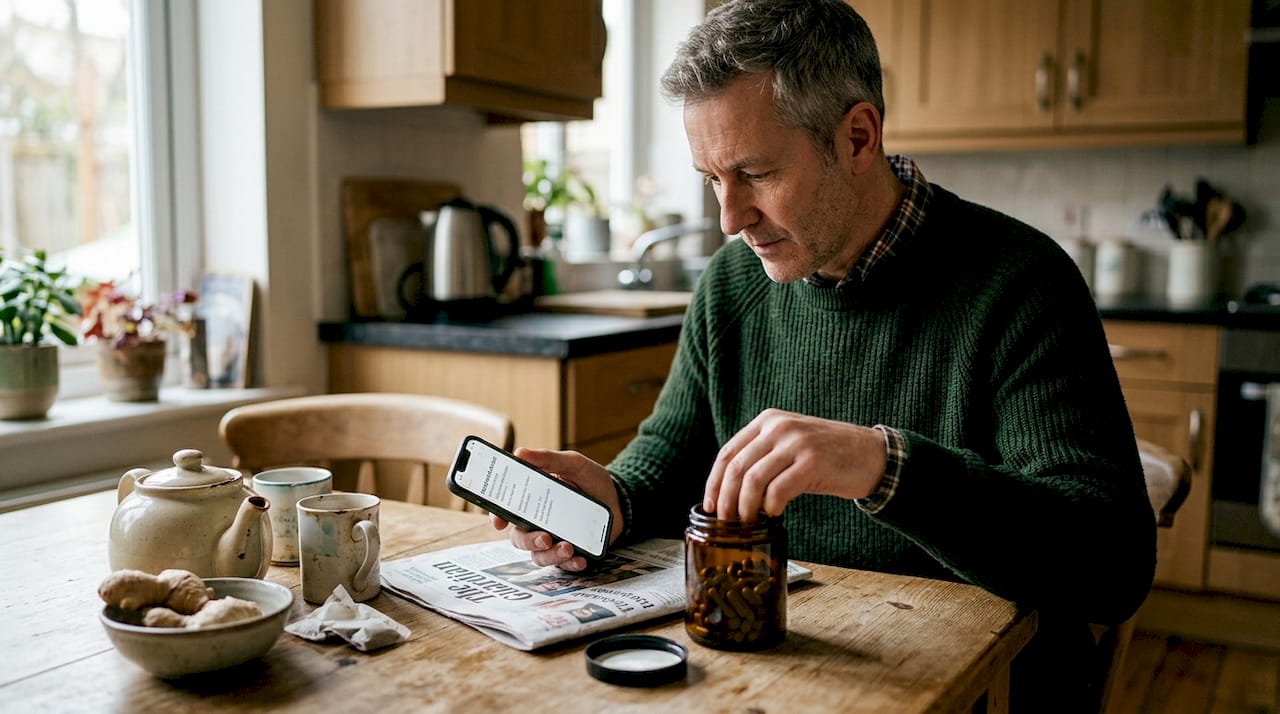 Man preparing herbal supplements in kitchen