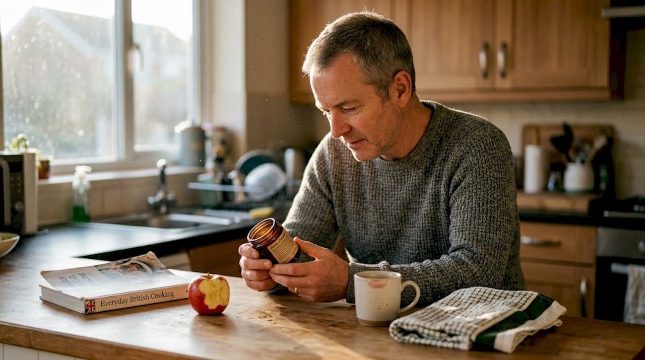 Man reading horse chestnut supplement in kitchen