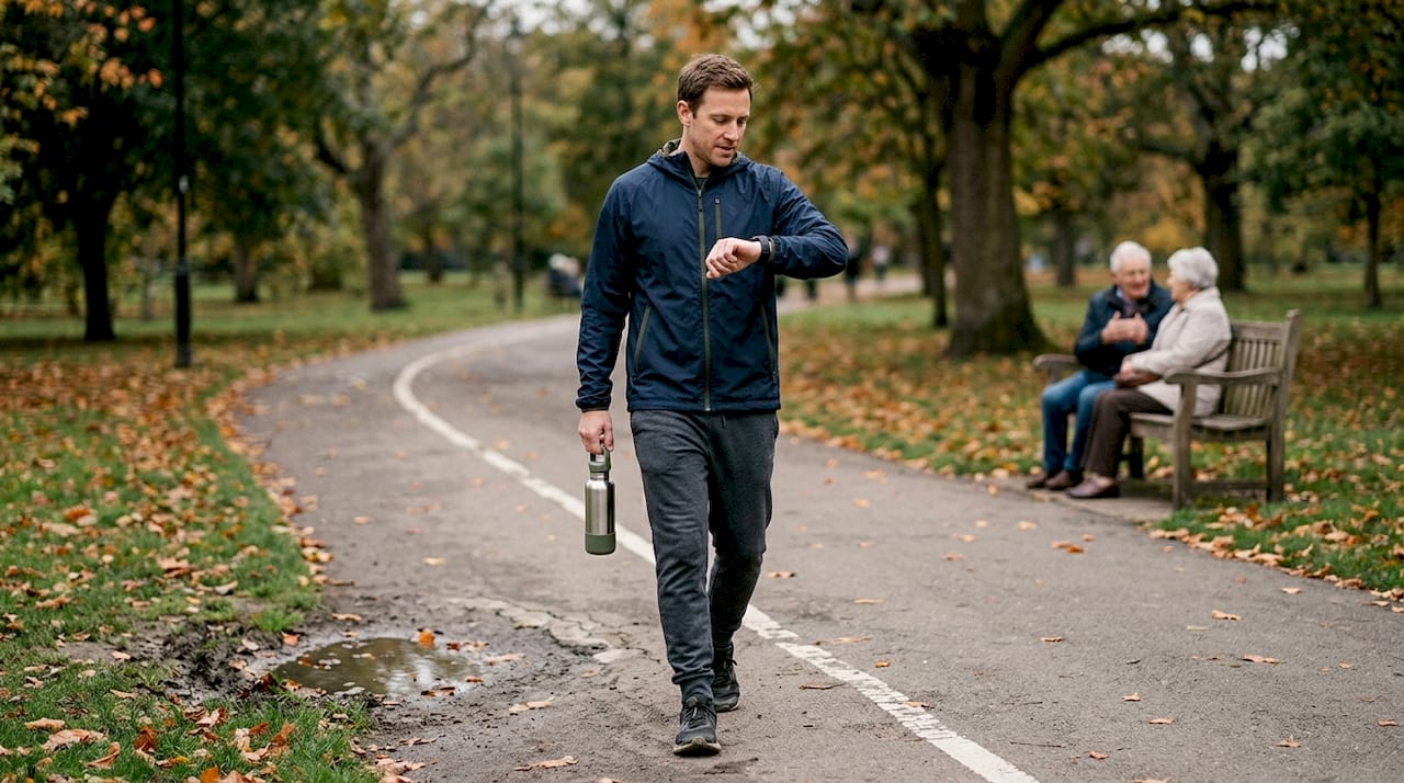 Man tracking activity in park for wellness