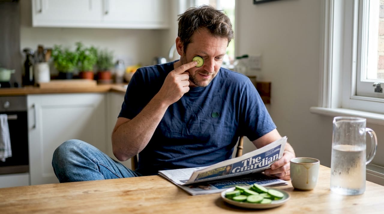 Man applying chilled cucumber slices for eye relief
