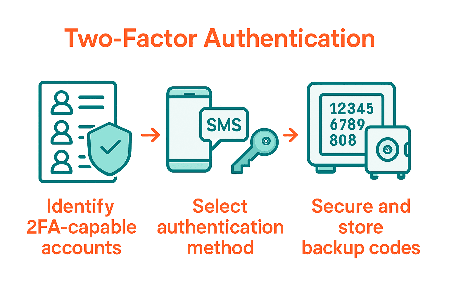 Infographic showing three steps to set up two-factor authentication: identify accounts, select method, safeguard backups.