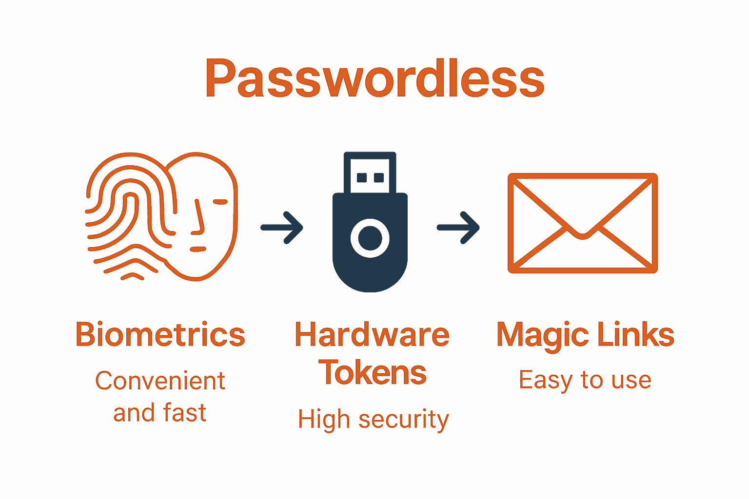 How to Set Up Passwordless Login for Secure Access 2 Infographic comparing three types of passwordless authentication methods: biometrics, hardware tokens, and magic links.