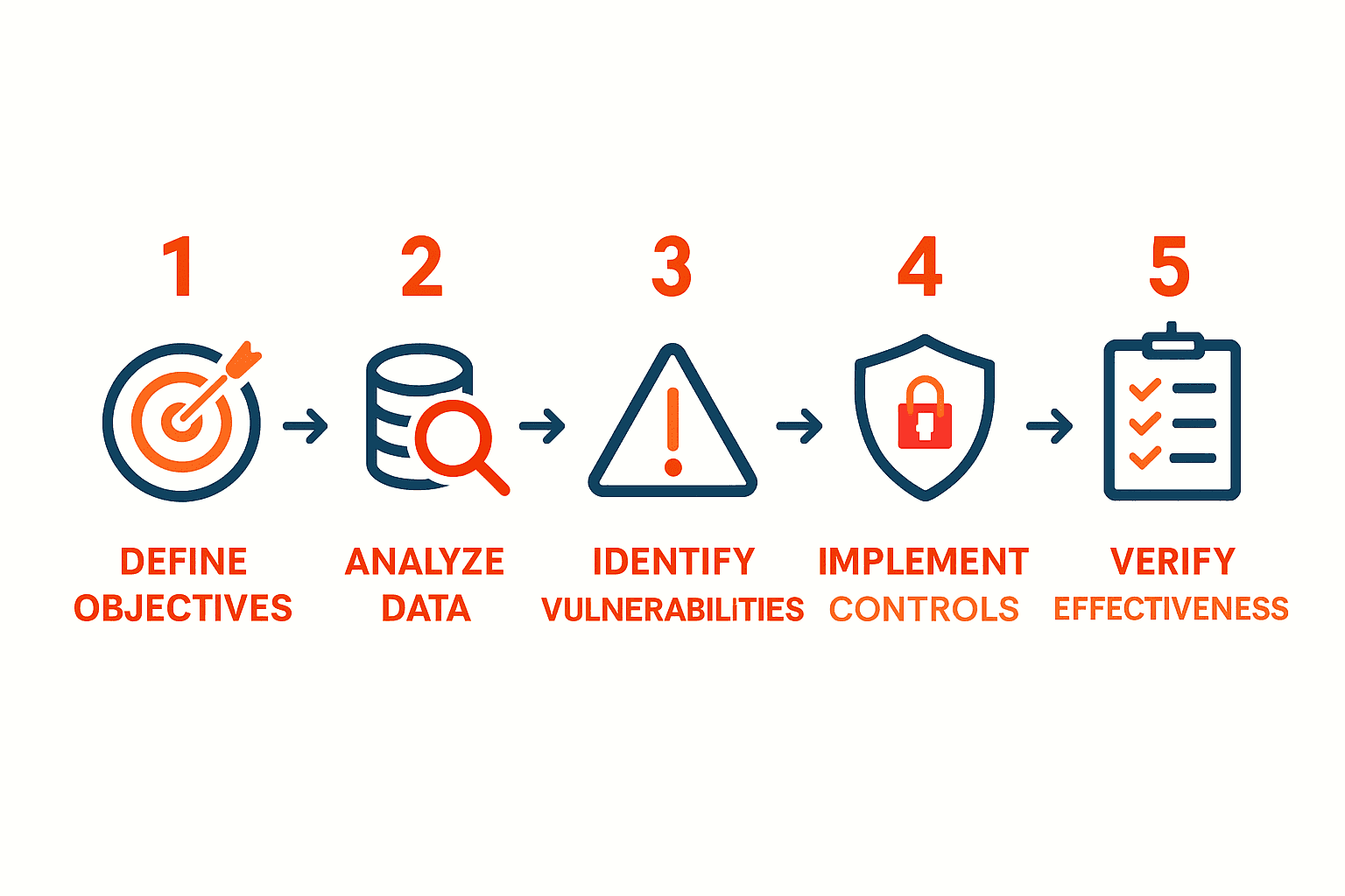Password risk assessment process illustrated in five steps with icons and arrows.
