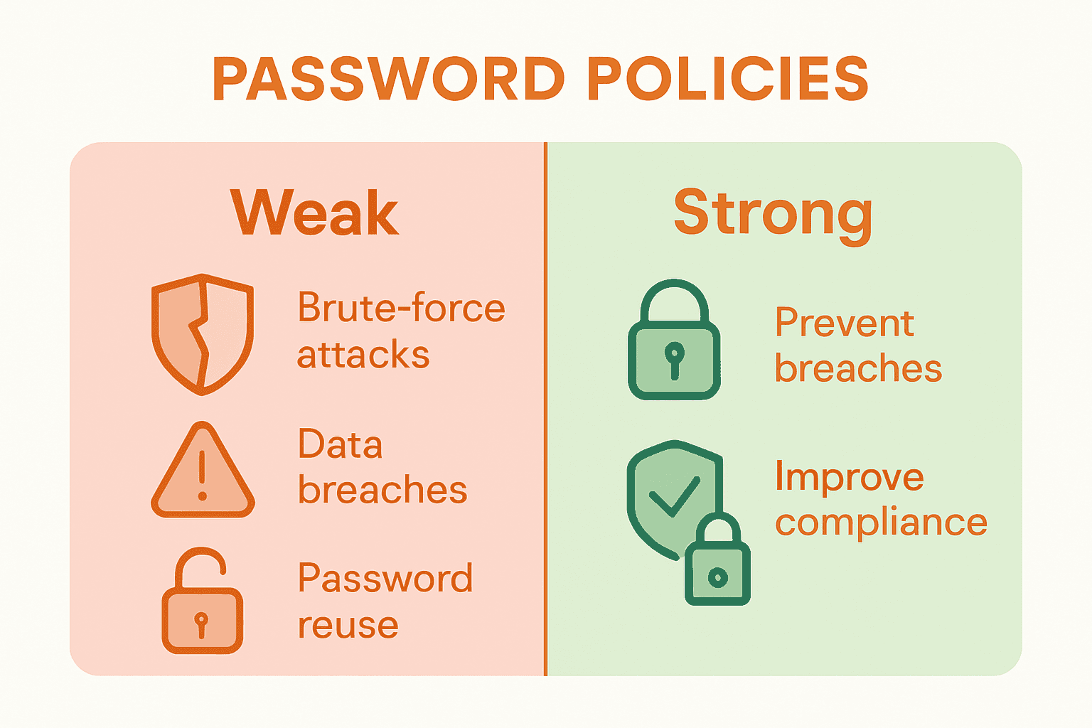 Why Enforce Password Policies: Complete Guide 3 Infographic comparing weak and strong password policy risks and safeguards.