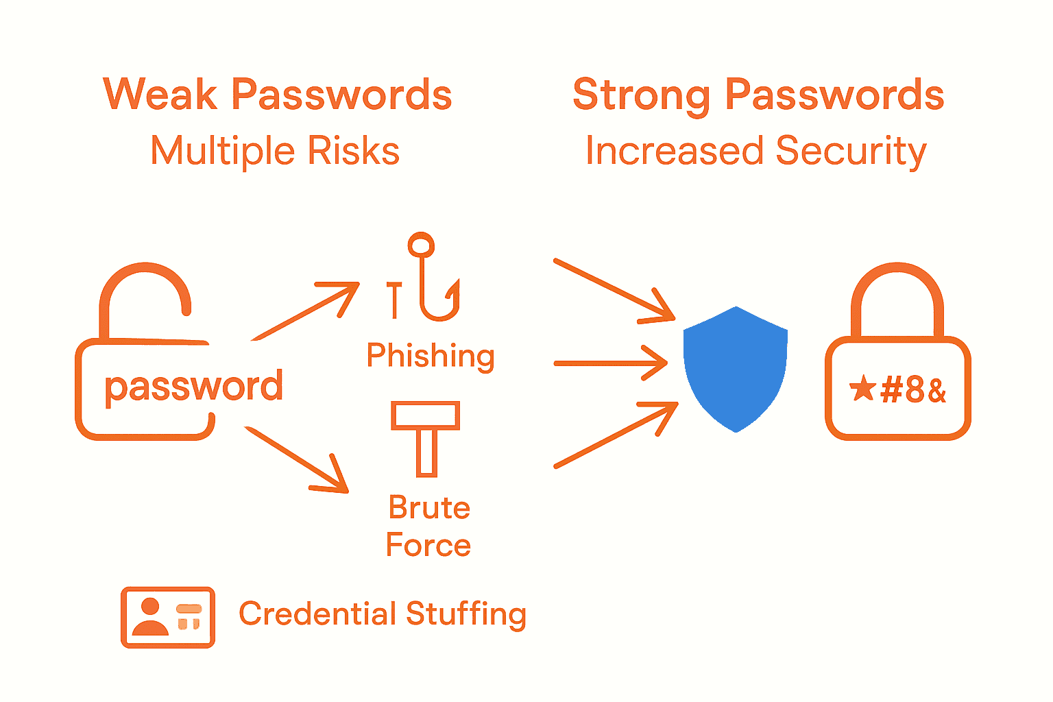 Infographic comparing risks of weak vs strong passwords using icons.