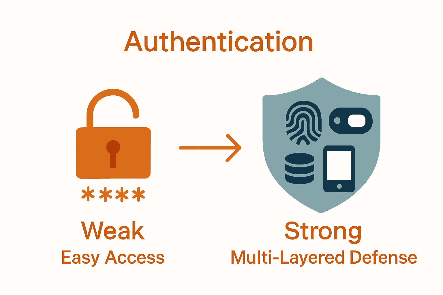 Infographic comparing weak and strong authentication factors and security outcomes