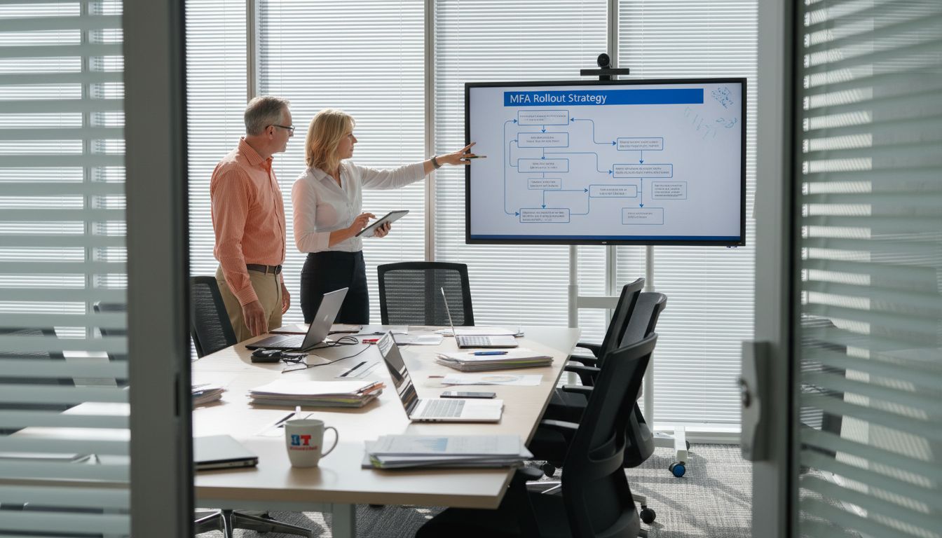 Team discussing MFA rollout strategy in conference room