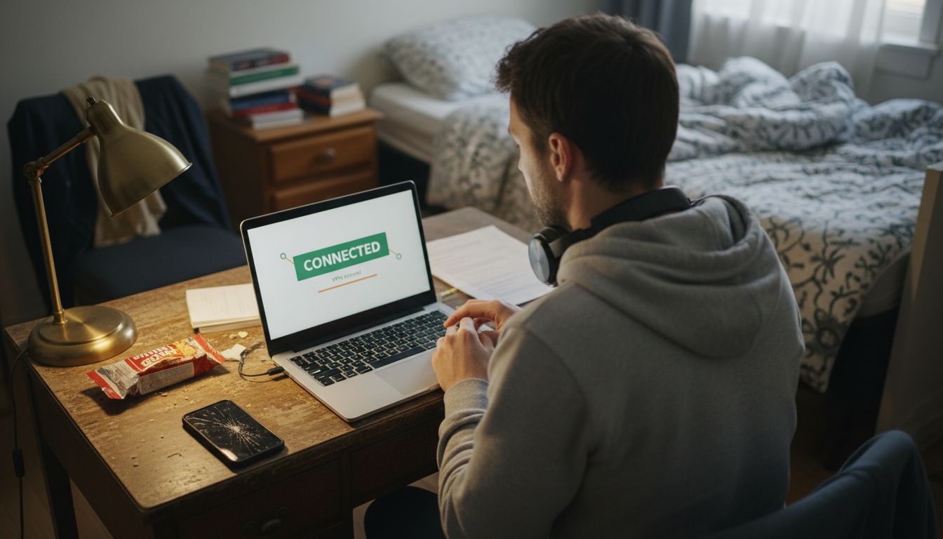 Why Use VPN: Protect Data and Ensure Privacy 2 Man at desk with VPN connected on laptop