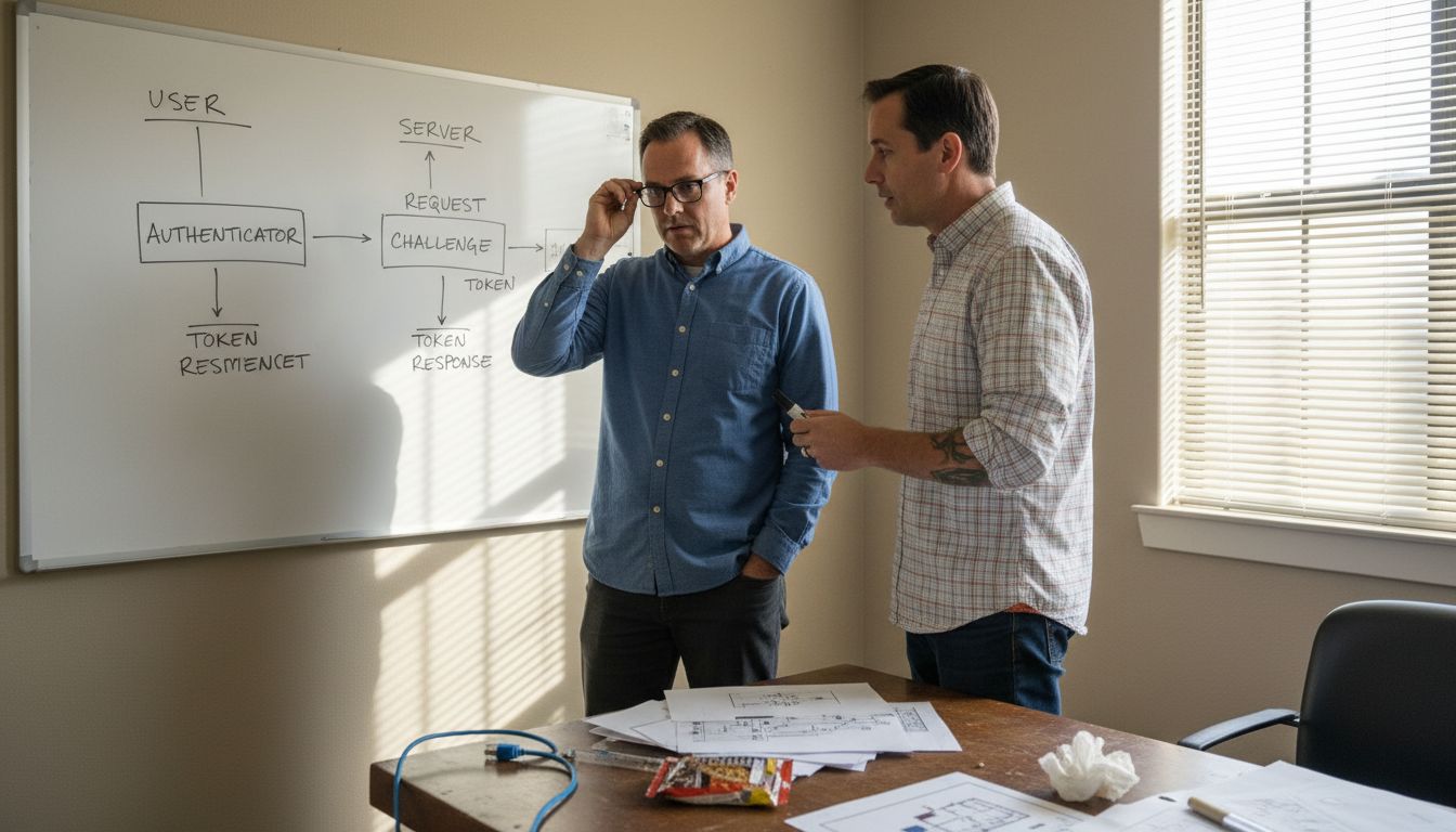 Engineers reviewing authentication protocol diagram
