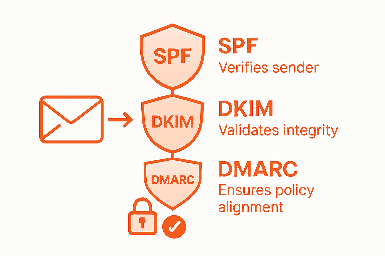 Email Security Protocols Guide: Protect Your Organization 2 Layered email authentication infographic: SPF, DKIM, DMARC