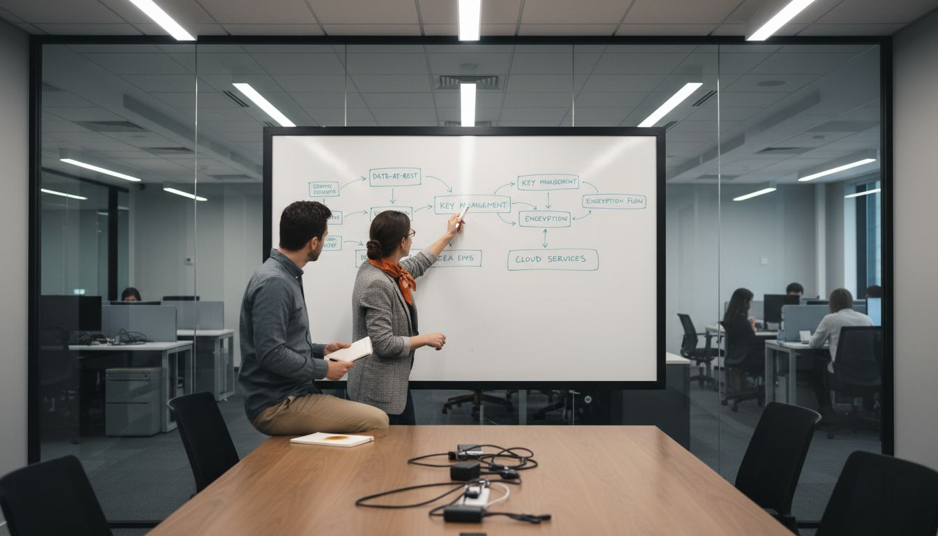 Cloud Encryption Explained: Securing Data in the Cloud 2 Team reviewing cloud encryption plan on whiteboard
