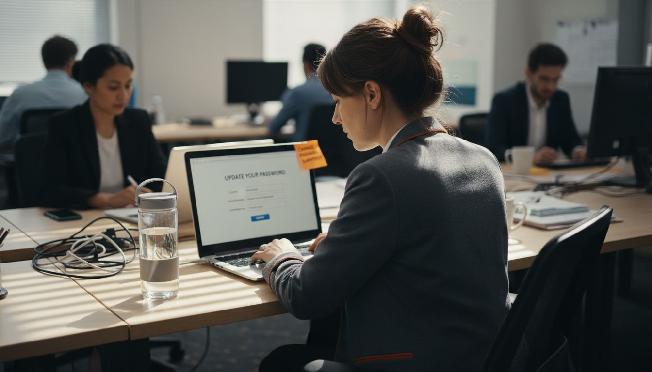 Employee updating password at office desk