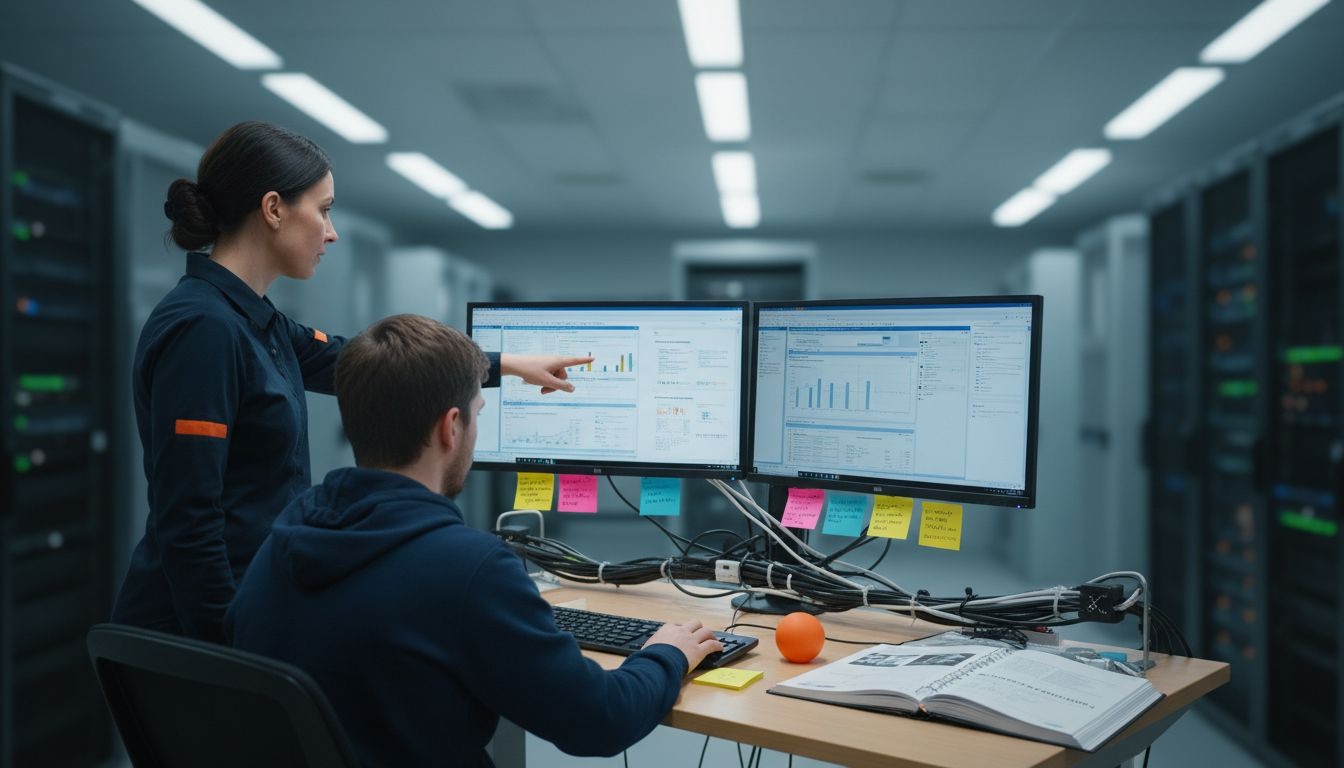 How to Monitor Dark Web: Enterprise Security Guide 1 IT specialists configuring cyber monitoring tools