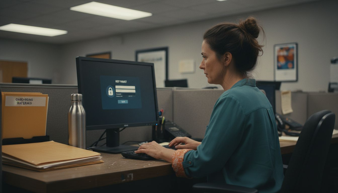 Employee logging into password manager at SMB desk