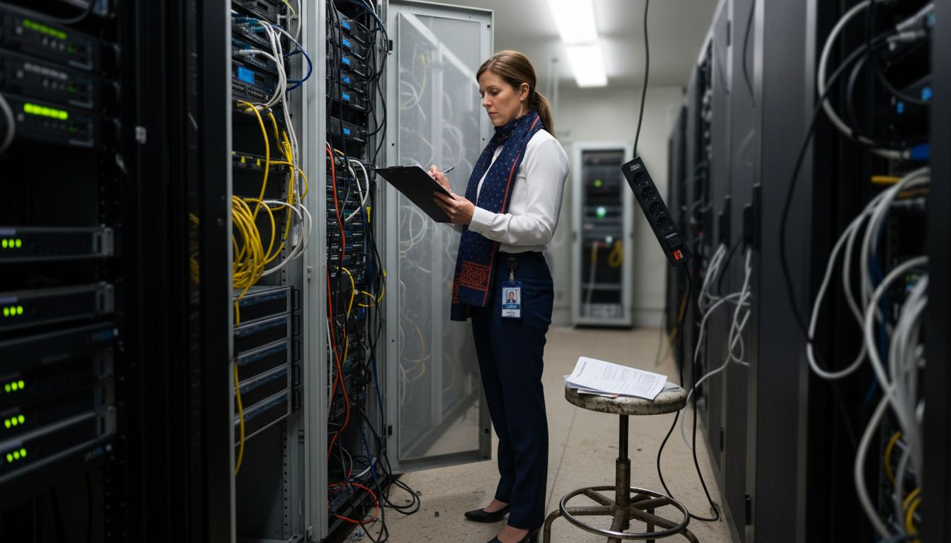 Role of AI in Cybersecurity: Risks and Rewards 2026 1 Compliance officer auditing server room setup