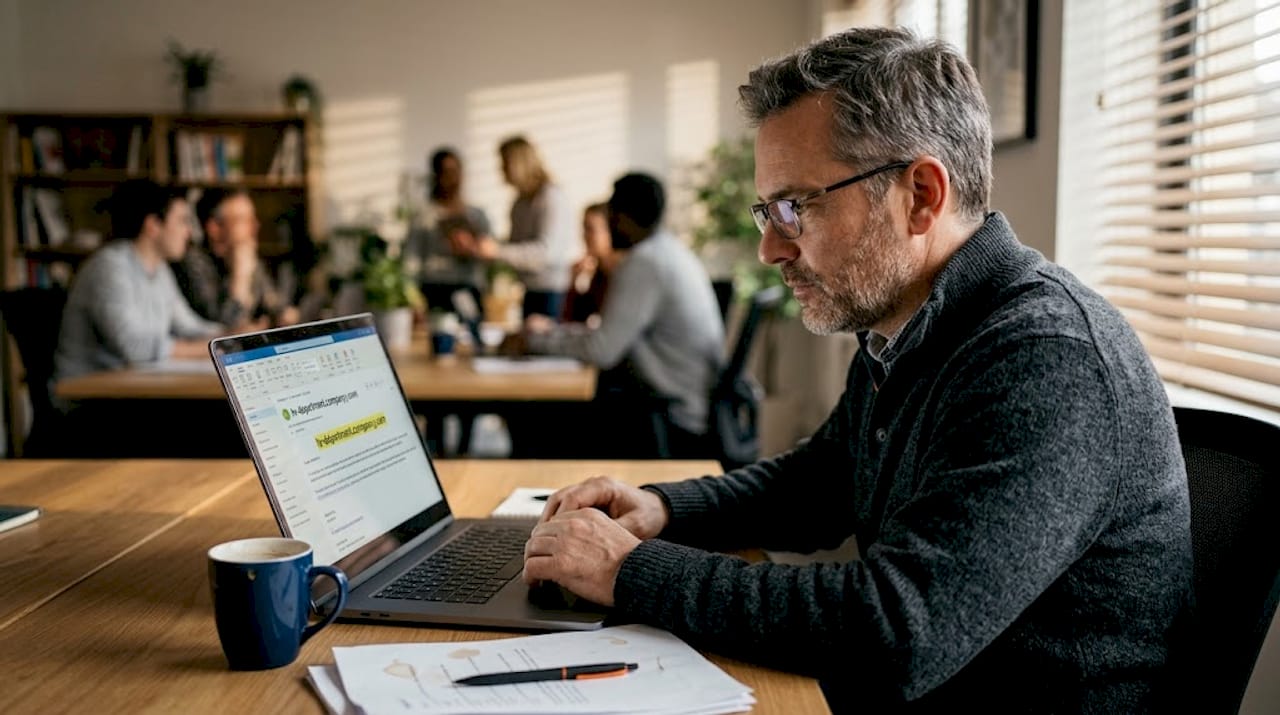 Man carefully inspects email sender address