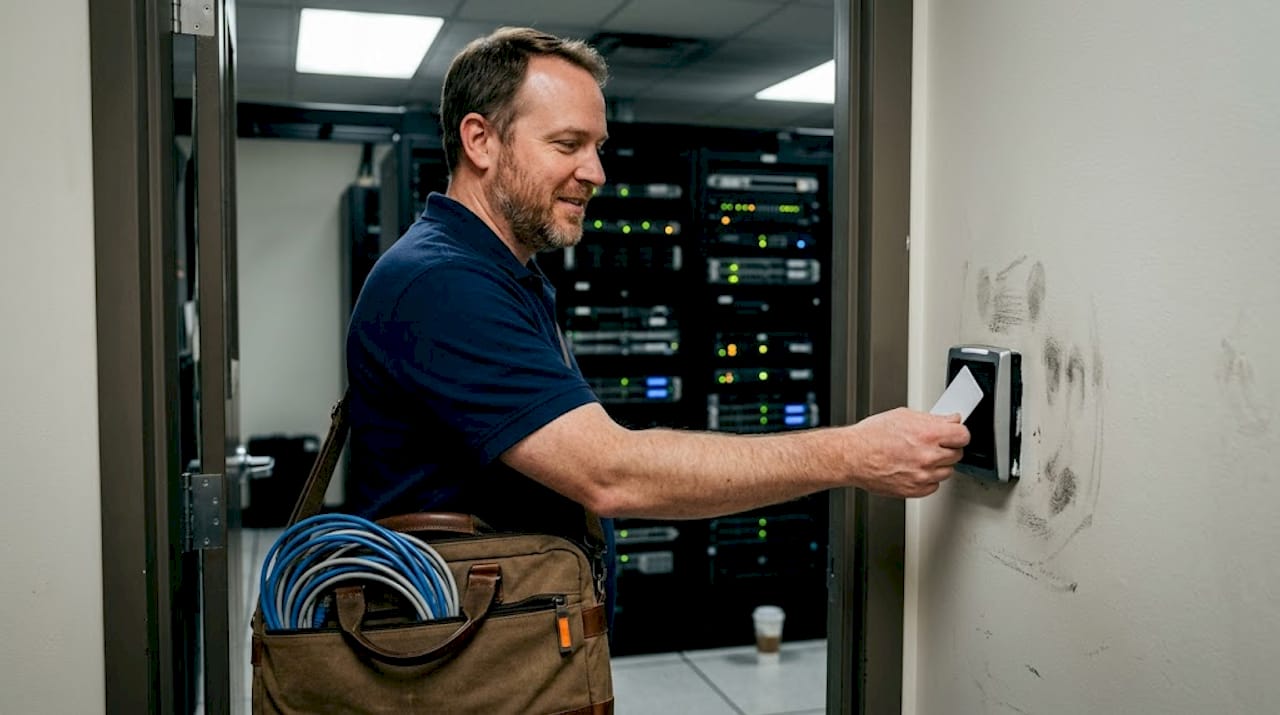 Top Cybersecurity Trends Shaping Identity Management in 2025 1 Admin scanning badge near server racks for access