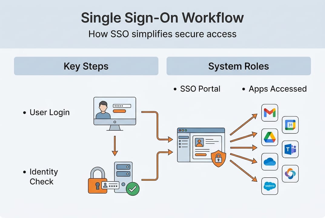 Infographic with SSO workflow, steps and roles