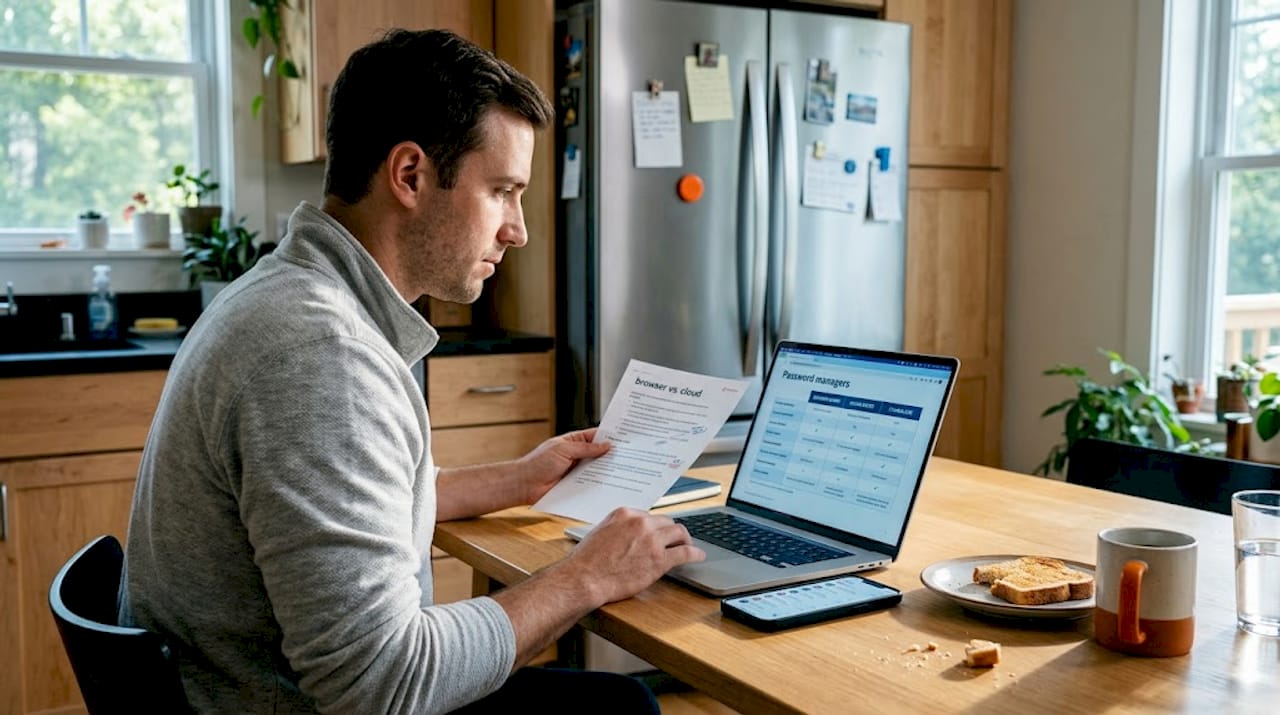 What is a password manager? Secure your digital life 2 Man comparing password manager types kitchen table