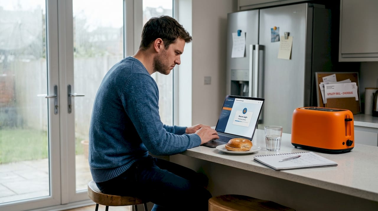 Man reviewing password vault security at kitchen counter