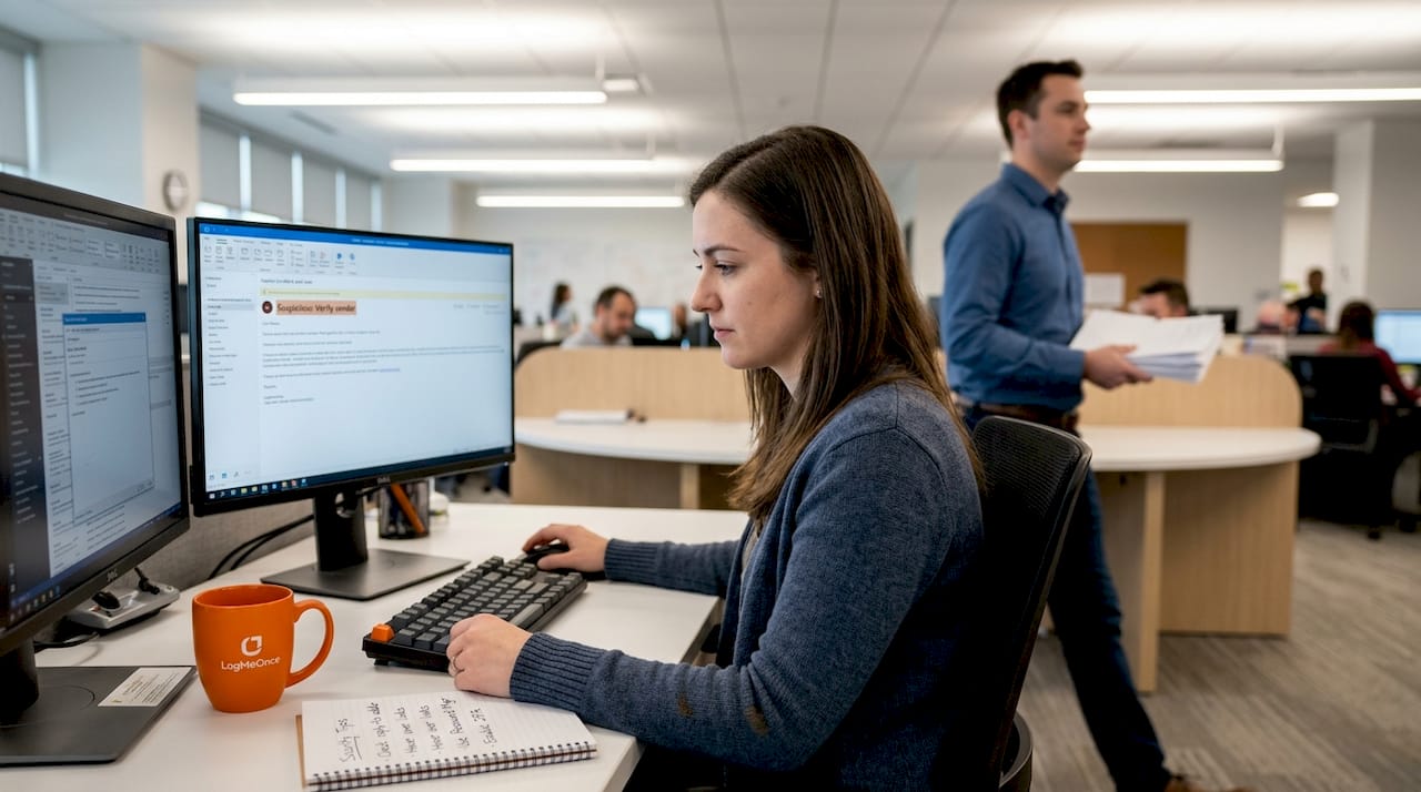 Employee checks email for phishing signs